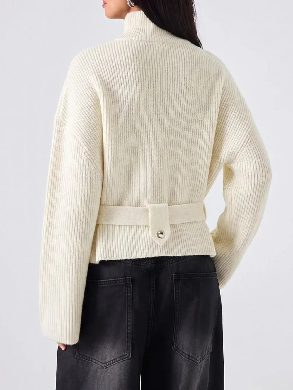 White Casual Women's High Neck Drop Shoulder Belted Cardigan
